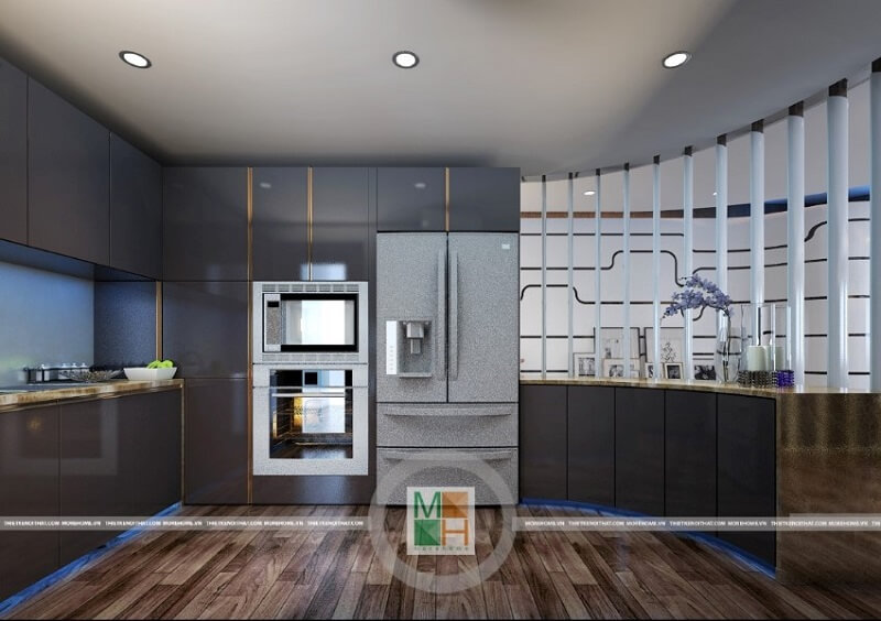 Mẫu thiết kế phòng bếp chung cư hiện đại với hệ tủ bếp gỗ tự nhiên cao cấp mang đến không gian nội trợ lí tưởng cho chị em Thiết kế tủ bếp chung cư