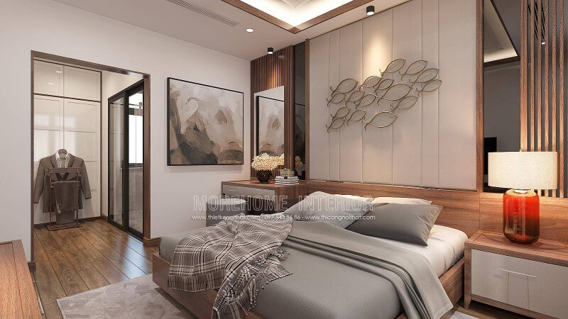 Thiết kế nội thất phòng ngủ nam khép kín cùng một khoảng diện tích vừa phải thuận tiện cho việc thay đồ là một ý tưởng khá độc đáo trong biệt thự hiện đại Vinhomes Imperia Hải Phòng. Mẫu nội thất biệt thự đẹp