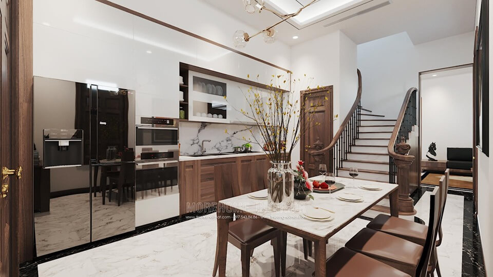 Thiết kế phòng ăn liền bếp phong cách hiện đại với nội thất gỗ óc chó cao cấp mang lại không gian ấm cúng, thân thiện cho người nội trợ Nội thất phòng bếp