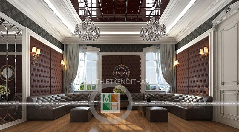 Nội thất sofa tân cổ điển bọc da màu nâu ấn tượng với thiết kế chữ U cho nhà biệt thự sofa tân cổ điển