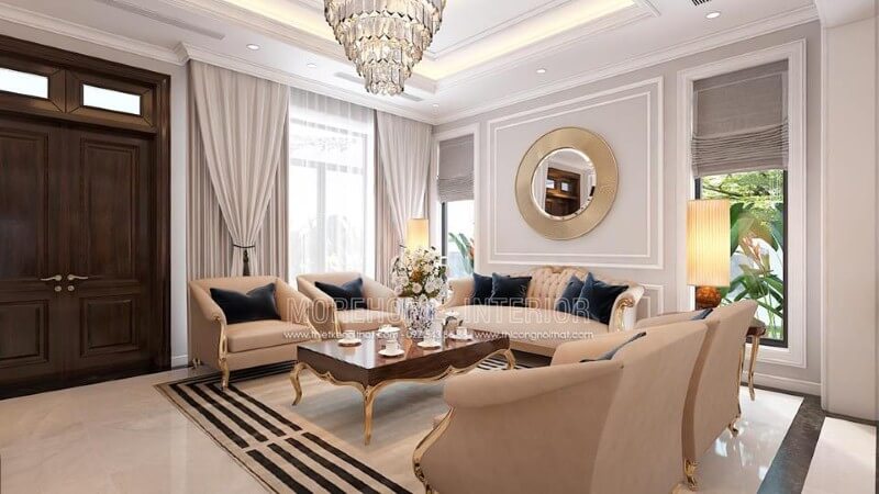 Cửa chính 2 cánh phòng khách ấn tượng với đường vân đẹp mắt cùng gam trầm độc đáo từ gỗ óc chó tự nhiên cao cấp. Thiết kế phòng khách nhà phố