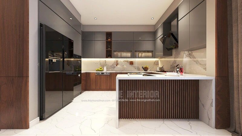 Thiết kế nội thất phòng bếp độc đáo từ gỗ acrylic cao cấp kết hợp cùng đá ốp bếp sang trọng.