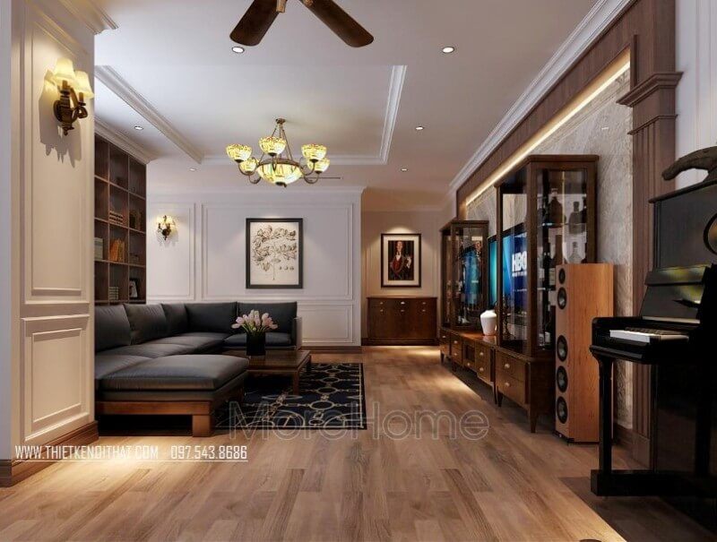 Thiết kế nội thất phòng khách chung cư sang trọng với chất liệu gỗ óc chó tự nhiên nhập khẩu cao cấp